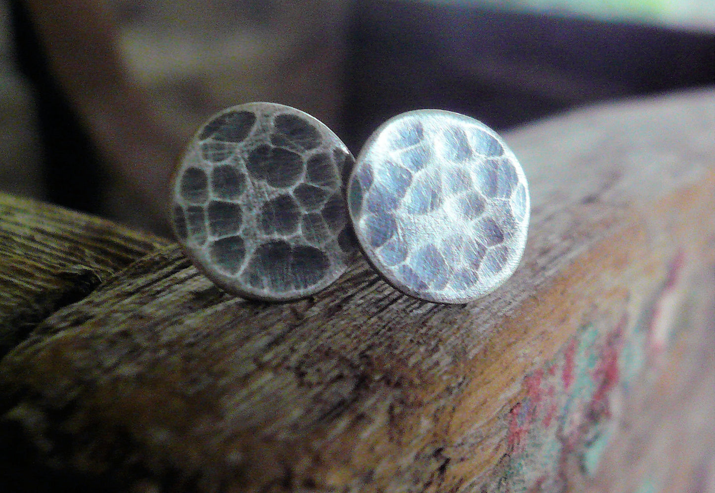 Tidepool Ripple Stud Earrings- Oxidized Sterling and Fine Silver Post Earrings. Hammered. Handmade.