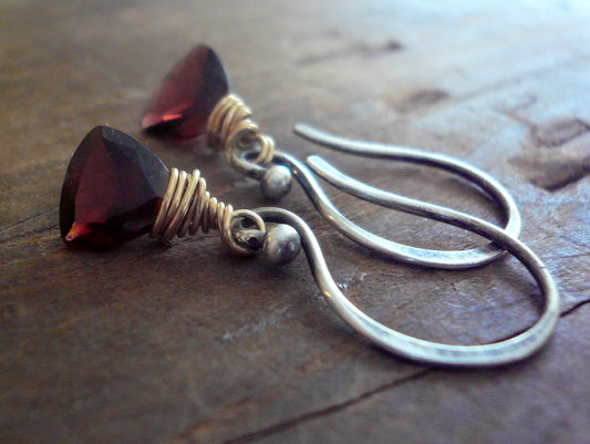 January Earrings - Handmade. Garnet. Mixed Metals. Oxidized Fine silver & 14 kt Goldfill dangle Earrings. One Pair.