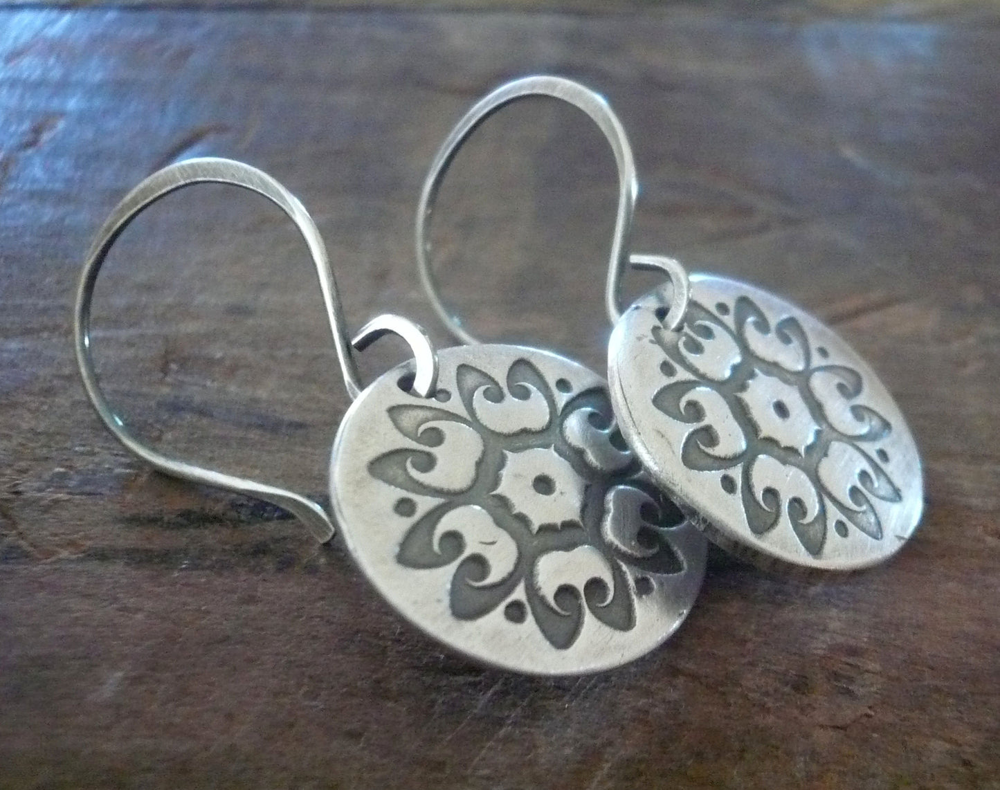 Medallion Earrings Large Style I - Handmade. Oxidized fine and sterling silver