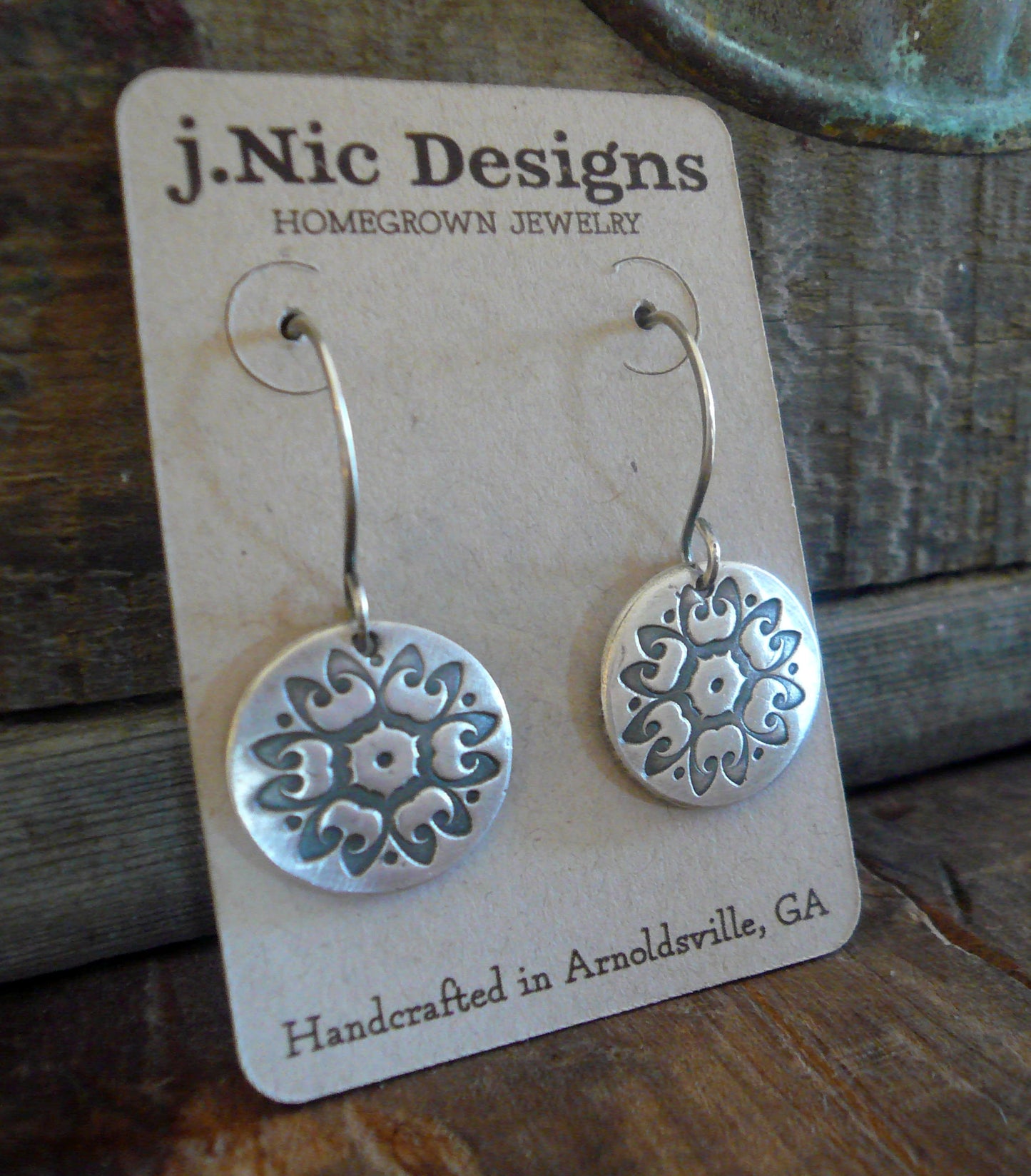 Medallion Earrings Large Style I - Handmade. Oxidized fine and sterling silver