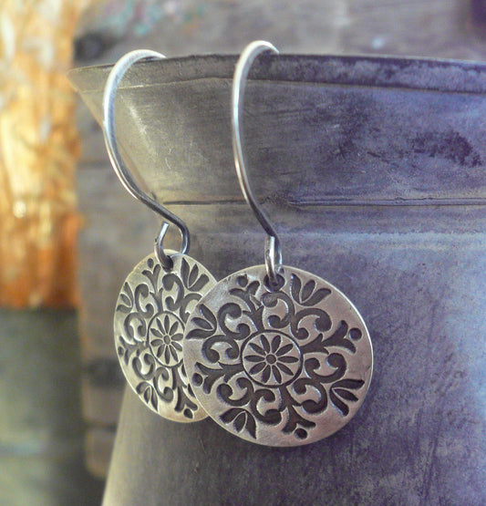 Medallion Earrings Large Style II - Handmade. Oxidized fine and sterling silver