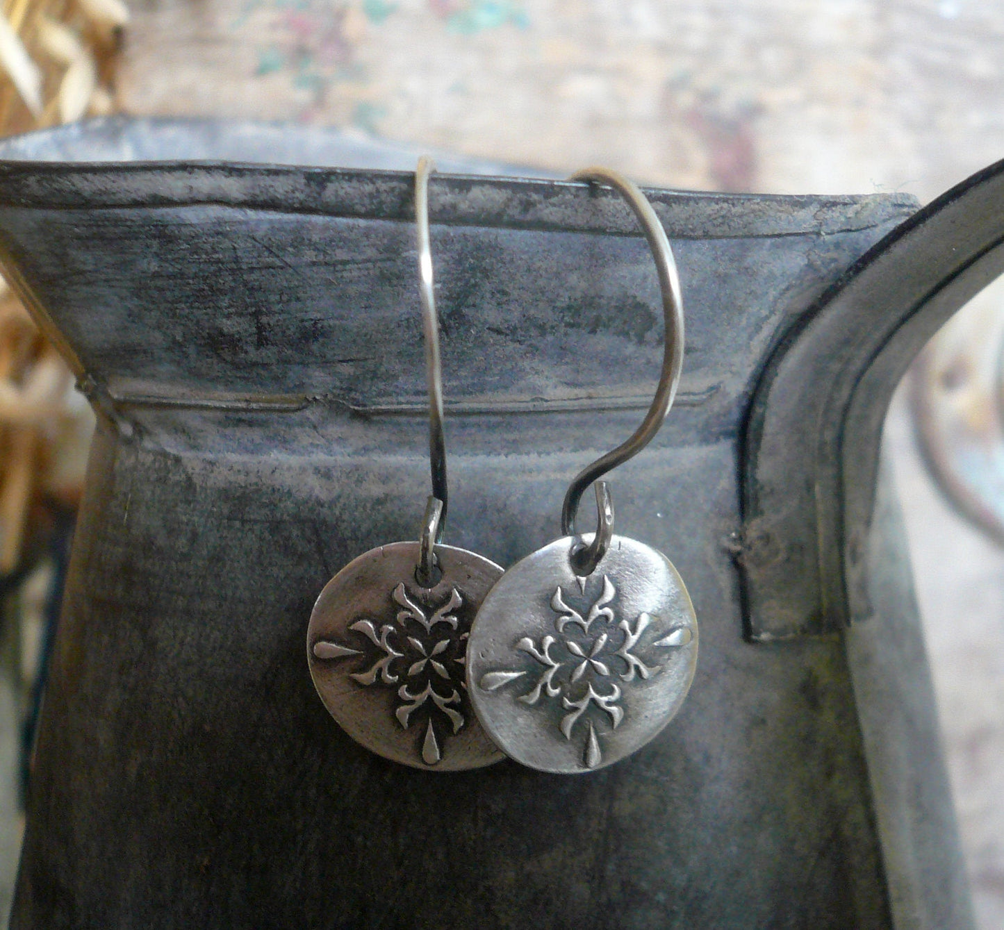 Medallion Earrings Medium Style II - Handmade. Oxidized fine and sterling silver