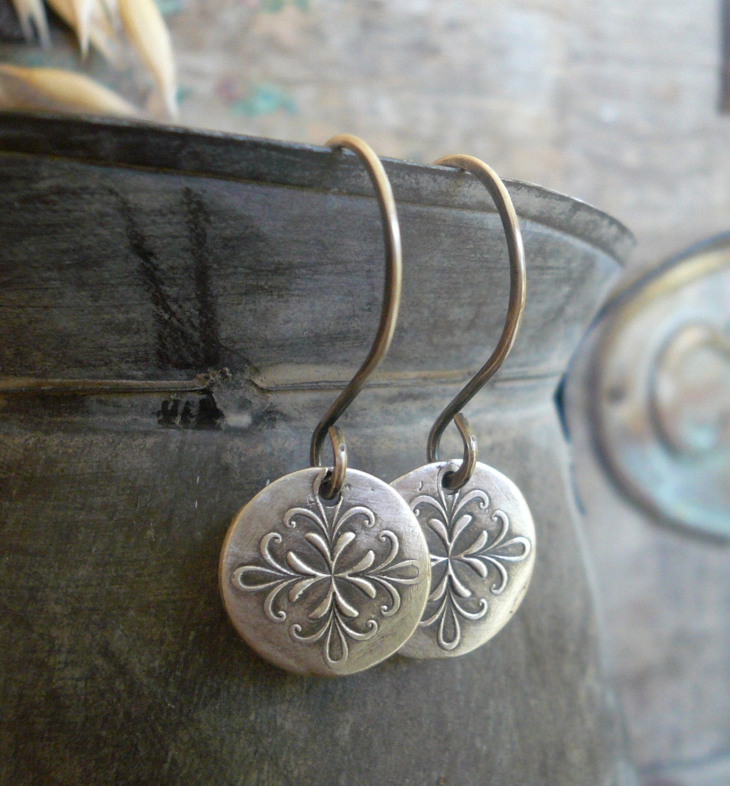 Medallion Earrings Medium Style I - Handmade. Oxidized fine and sterling silver
