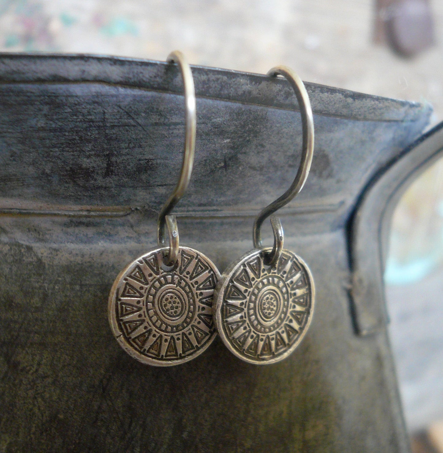 Medallion Earrings Small Style I - Handmade. Oxidized fine and sterling silver