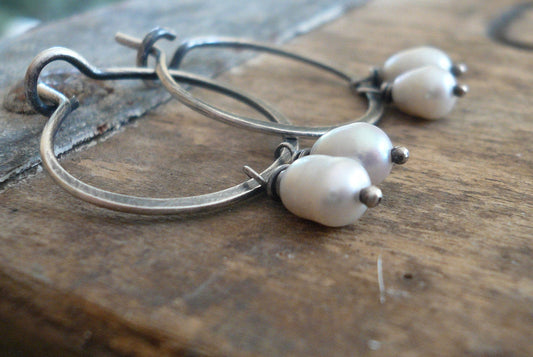 Harmony Hoops. Handmade. Oxidized & polished Sterling Silver. Pearls