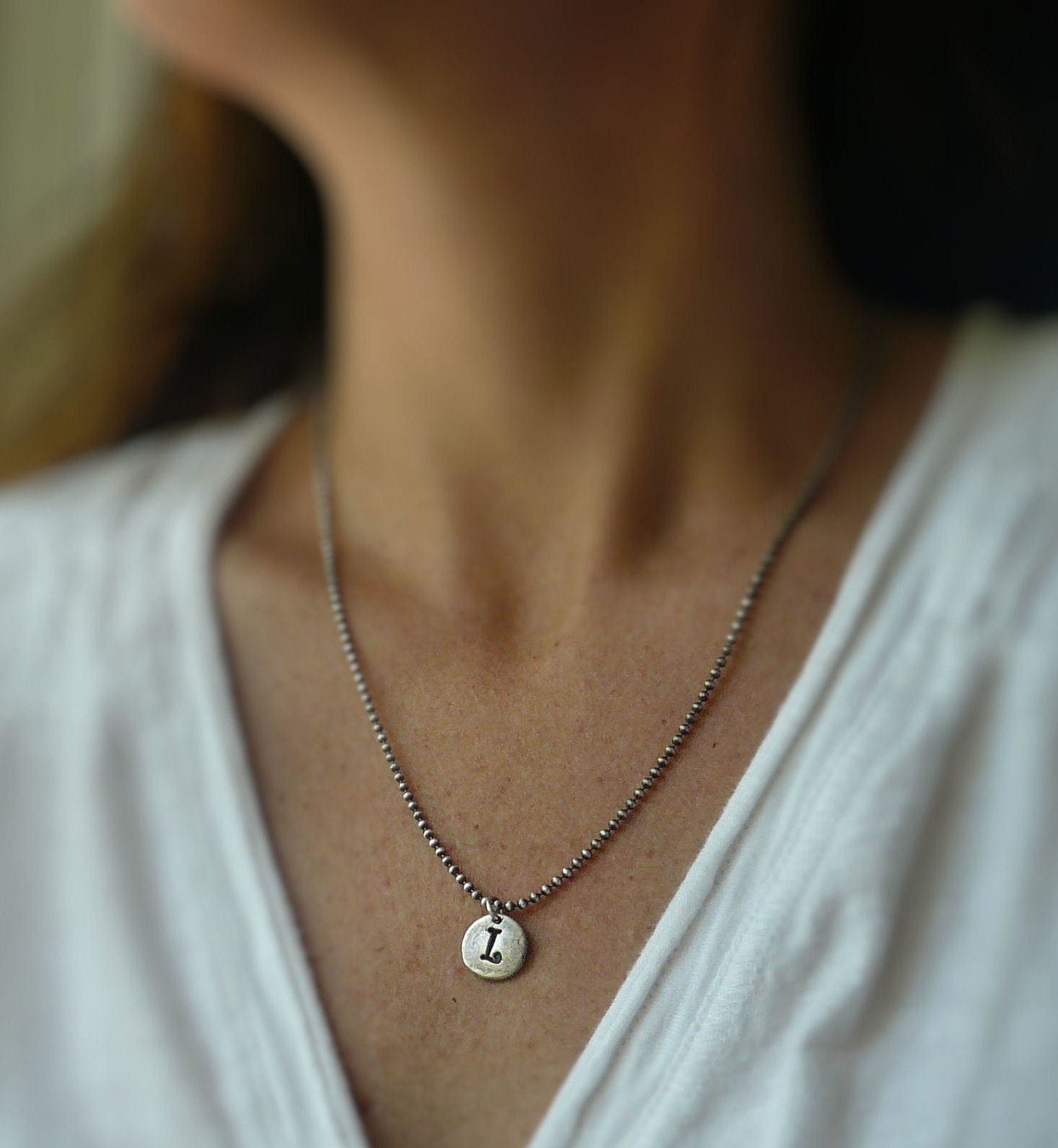 Initial Pendant Upper Case Block Font - Handmade. Personalized. Oxidized Fine Silver