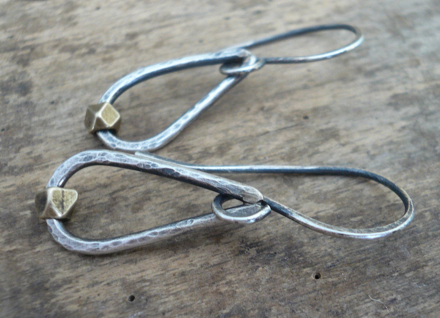 Cosset Earrings - Handmade. Brass. Oxidized, Hammered Sterling Silver Dangle Earrings