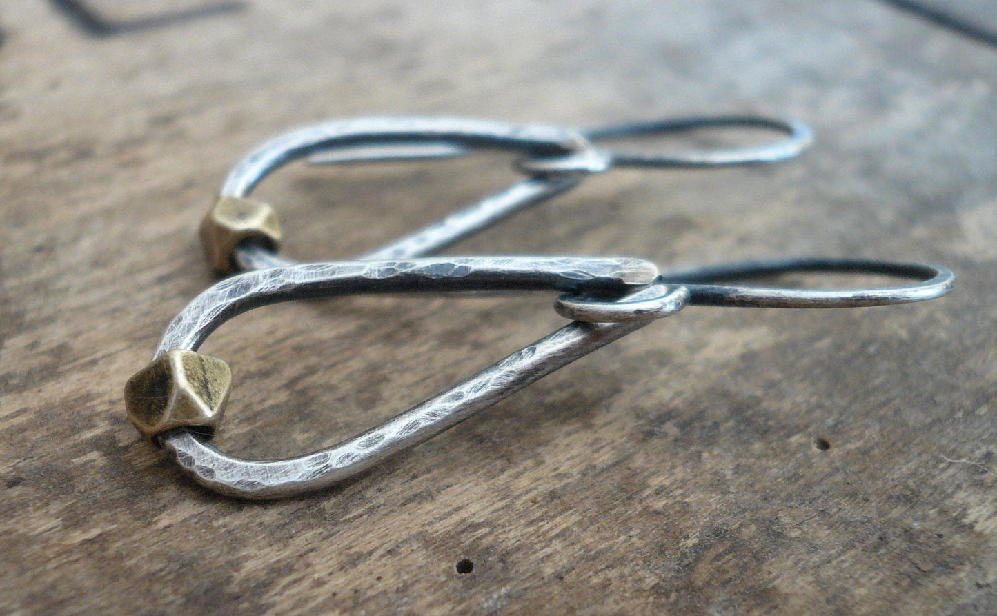 Cosset Earrings - Handmade. Brass. Oxidized, Hammered Sterling Silver Dangle Earrings