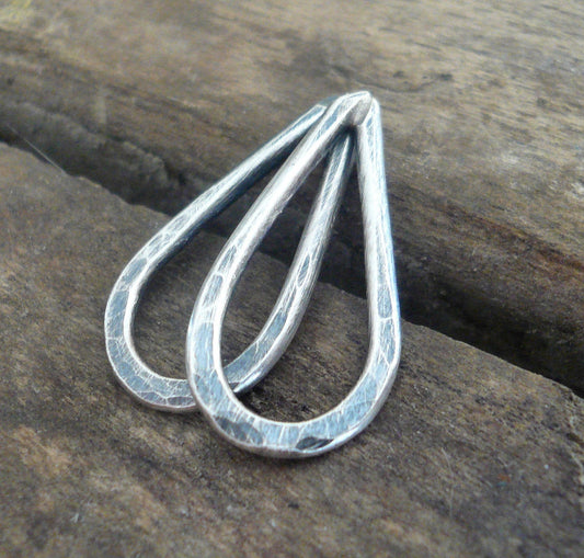 Small Hammered Oxidized Sterling Silver Tear Drops - Handmade. Hand forged. 17mm. 1 pair