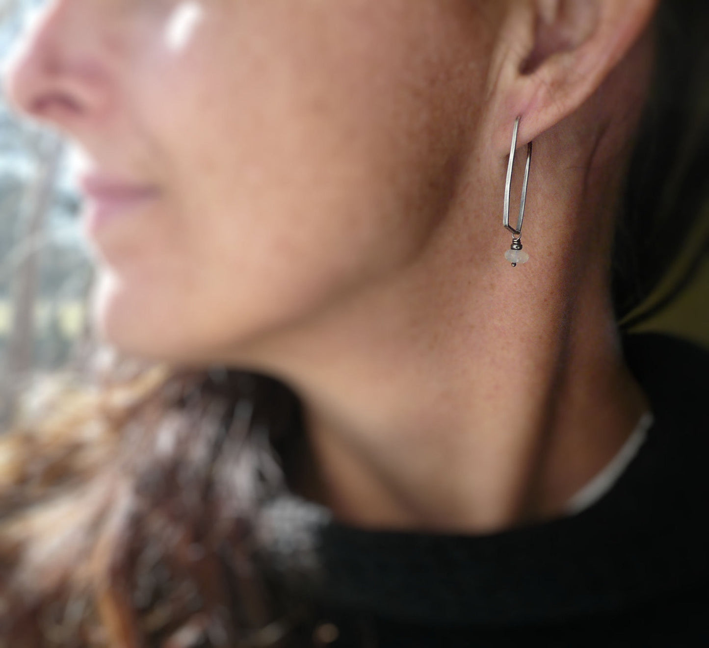 Elemental Earrings - Handmade. Moonstone. Oxidized Sterling Silver Rectangular Hoops