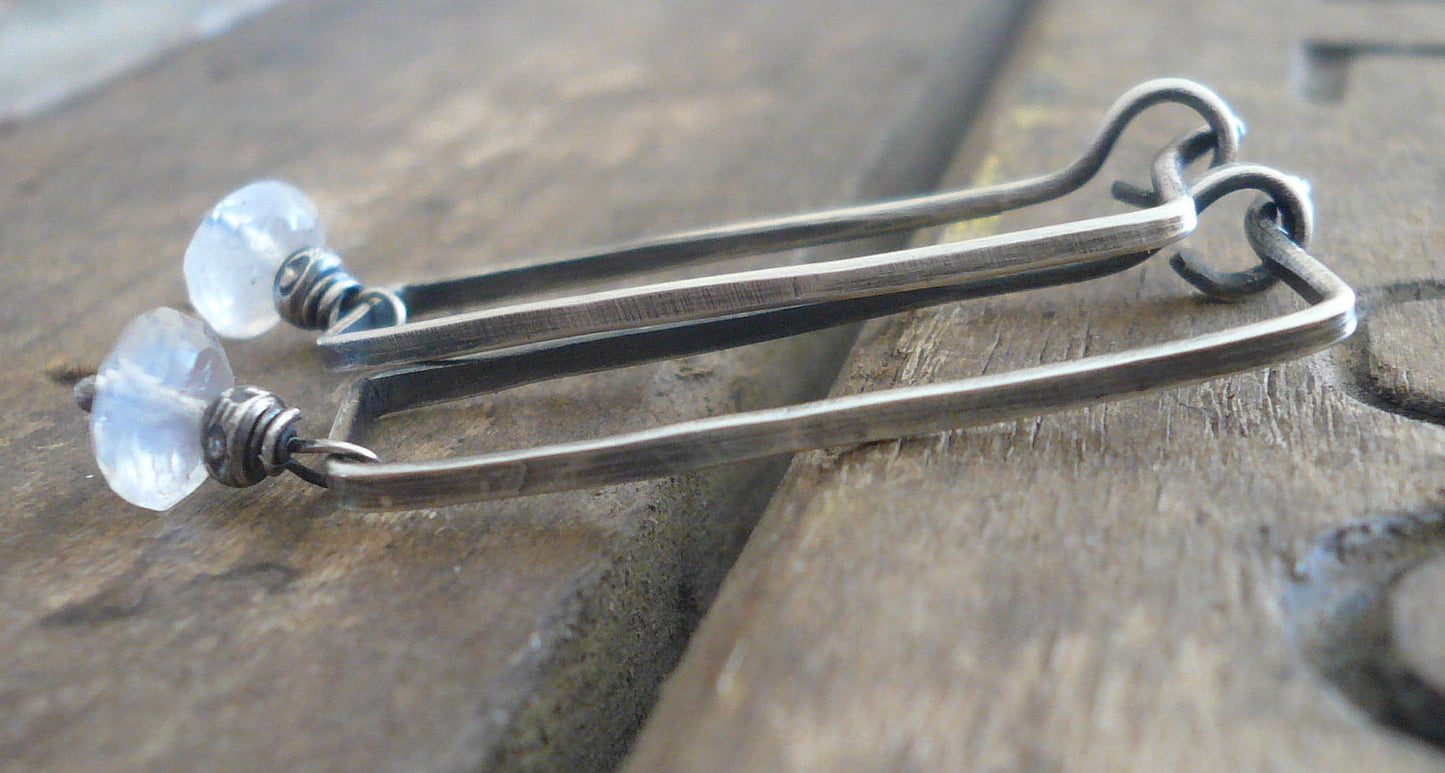 Elemental Earrings - Handmade. Moonstone. Oxidized Sterling Silver Rectangular Hoops