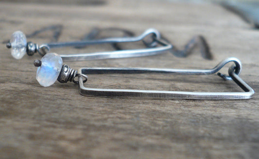Elemental Earrings - Handmade. Moonstone. Oxidized Sterling Silver Rectangular Hoops