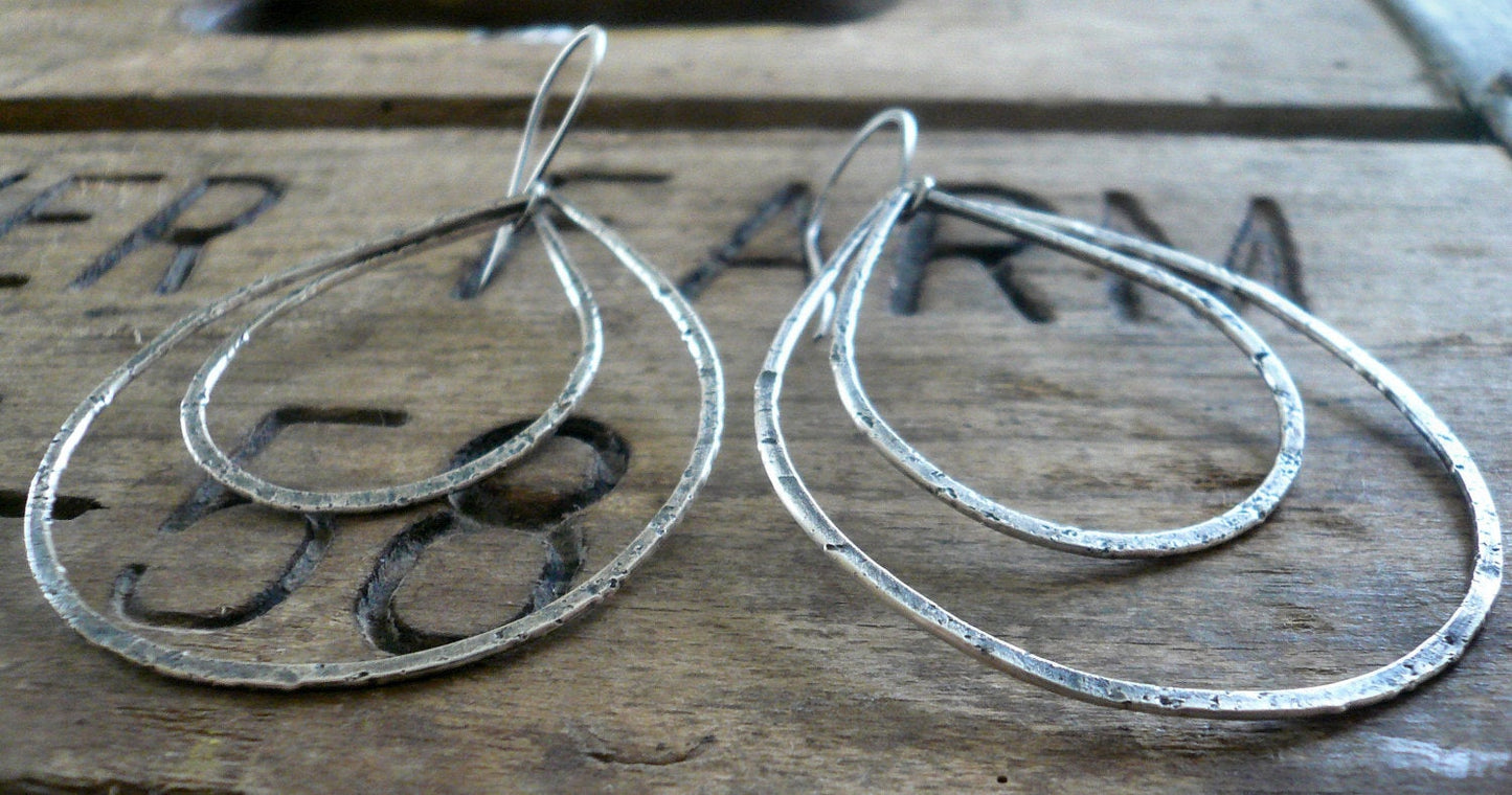 Duo of Tattered Tears - Handmade. Oxidized, textured sterling silver Earrings