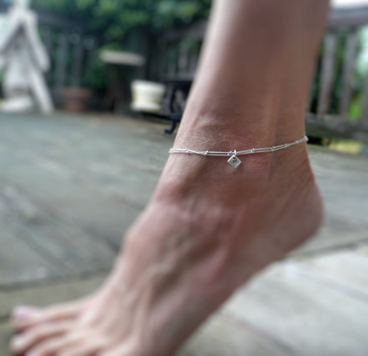 Initially Yours Anklet - 2 strand Sterling Silver Satellite Chain. Oxidized Personalized Monogram Recycled Silver pendant