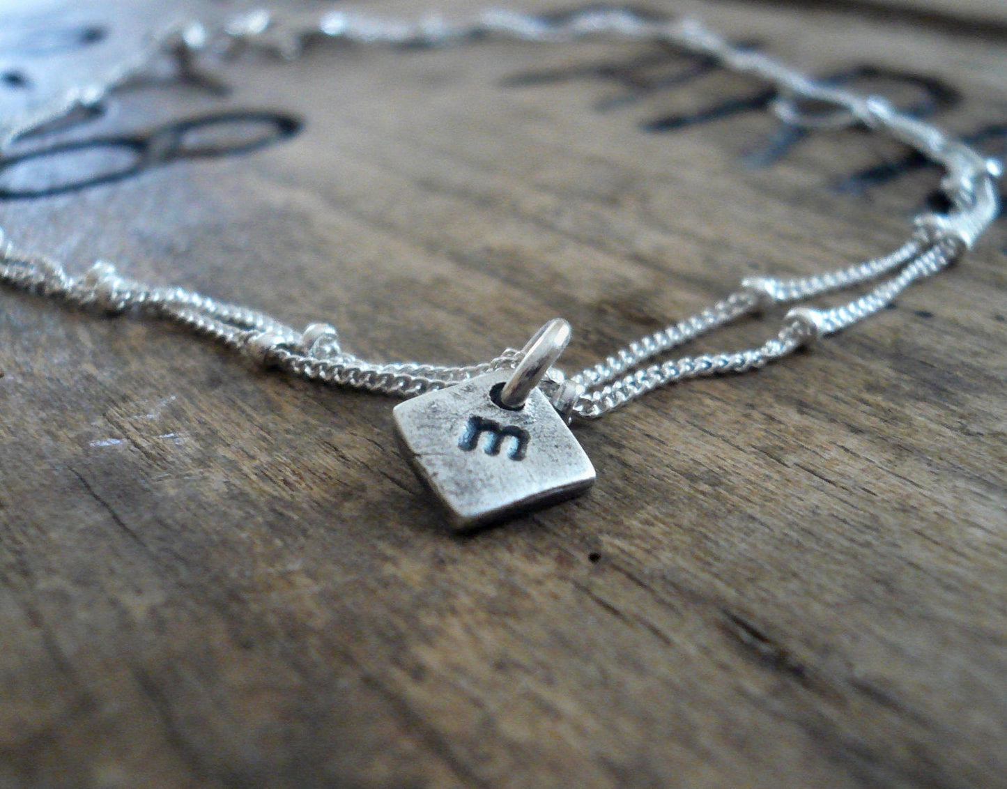 Initially Yours Anklet - 2 strand Sterling Silver Satellite Chain. Oxidized Personalized Monogram Recycled Silver pendant