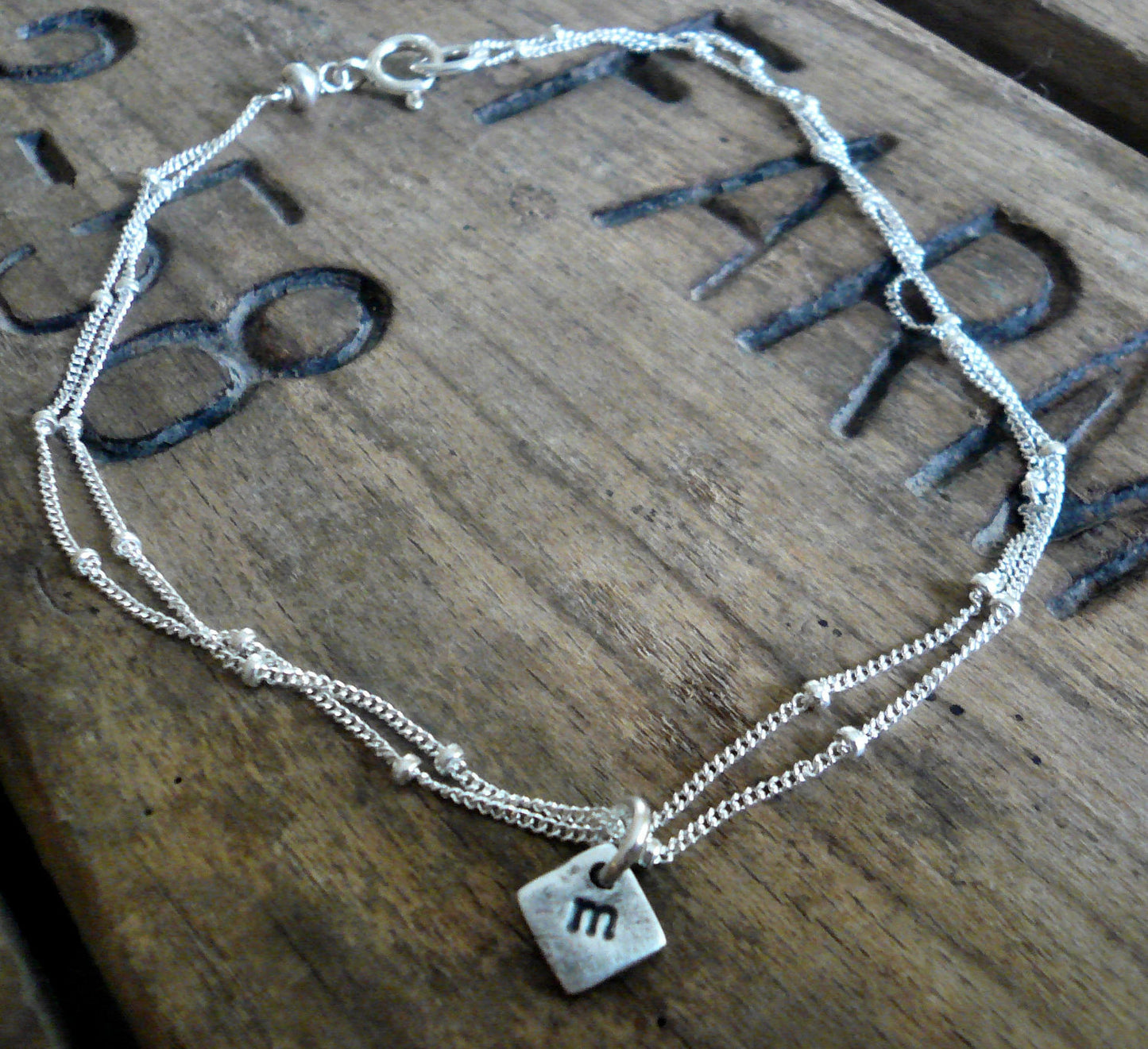 Initially Yours Anklet - 2 strand Sterling Silver Satellite Chain. Oxidized Personalized Monogram Recycled Silver pendant