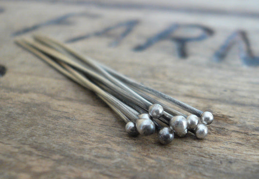 10 3" Fine Silver 24 GAUGE Handmade Ball Headpins - 3 inches. Oxidized and polished