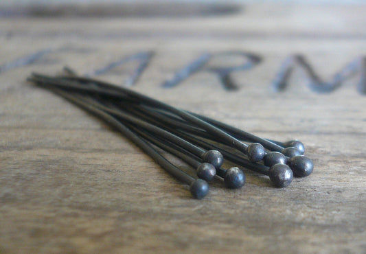 10 2" Fine Silver Handmade Ball Headpins - 20 gauge. 2 inches. Heavily Oxidized