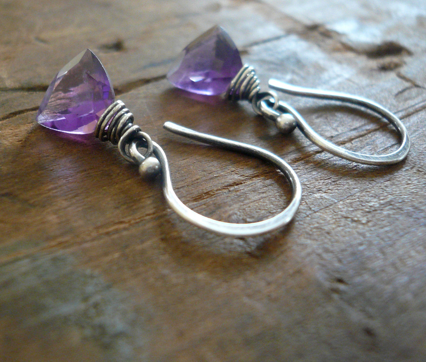 February Earrings - Handmade. Amethyst. Oxidized sterling and Fine silver dangle birthstone Earrings