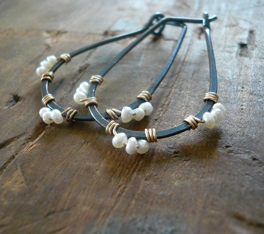 Medley Collection Hoops - Handmade. Hand forged. Seed Pearls. 14kt Goldfill. Heavily Oxidized Sterling Silver Earrings