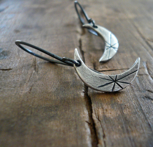 Luna Earrings - Handmade. Oxidized fine and sterling silver dangle earrings