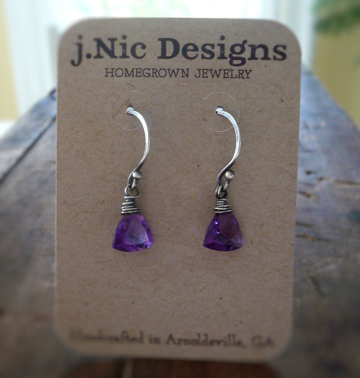 February Earrings - Handmade. Amethyst. Oxidized sterling and Fine silver dangle birthstone Earrings