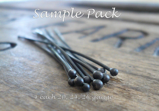 SAMPLE Pack Handmade Ball Headpins - 2 pair each of 24, 26 & 20 gauge, 2 inches. Heavily Oxidized