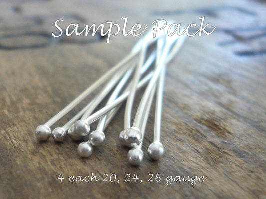 SAMPLE Pack Handmade Ball Headpins - 2 pair each of 24, 26 & 20 gauge, 2 inches.