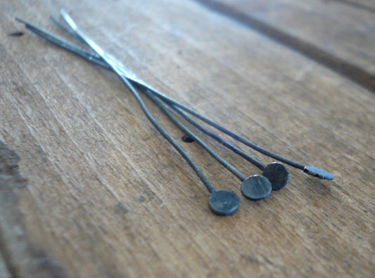 10 2" Fine Silver Handmade Paddle Headpins - Choice 26,24 or 20 gauge. Heavily Oxidized Finish