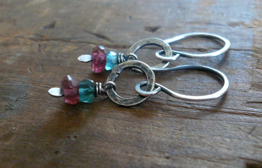 Sashay Earrings - Handmade. Apatite. Garnet. Textured and oxidized Sterling Silver