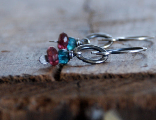 Sashay Earrings - Handmade. Apatite. Garnet. Textured and oxidized Sterling Silver