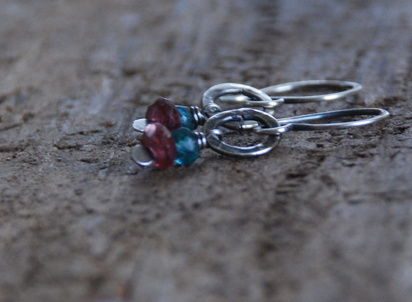 Sashay Earrings - Handmade. Apatite. Garnet. Textured and oxidized Sterling Silver