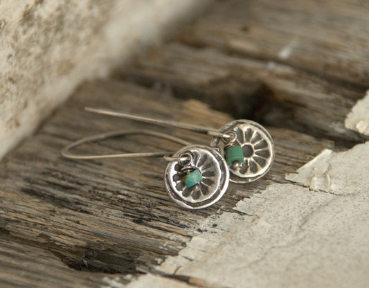 Desert Bloom Earrings- Oxidized fine silver. Turquoise. Dangle earrings.Handmade