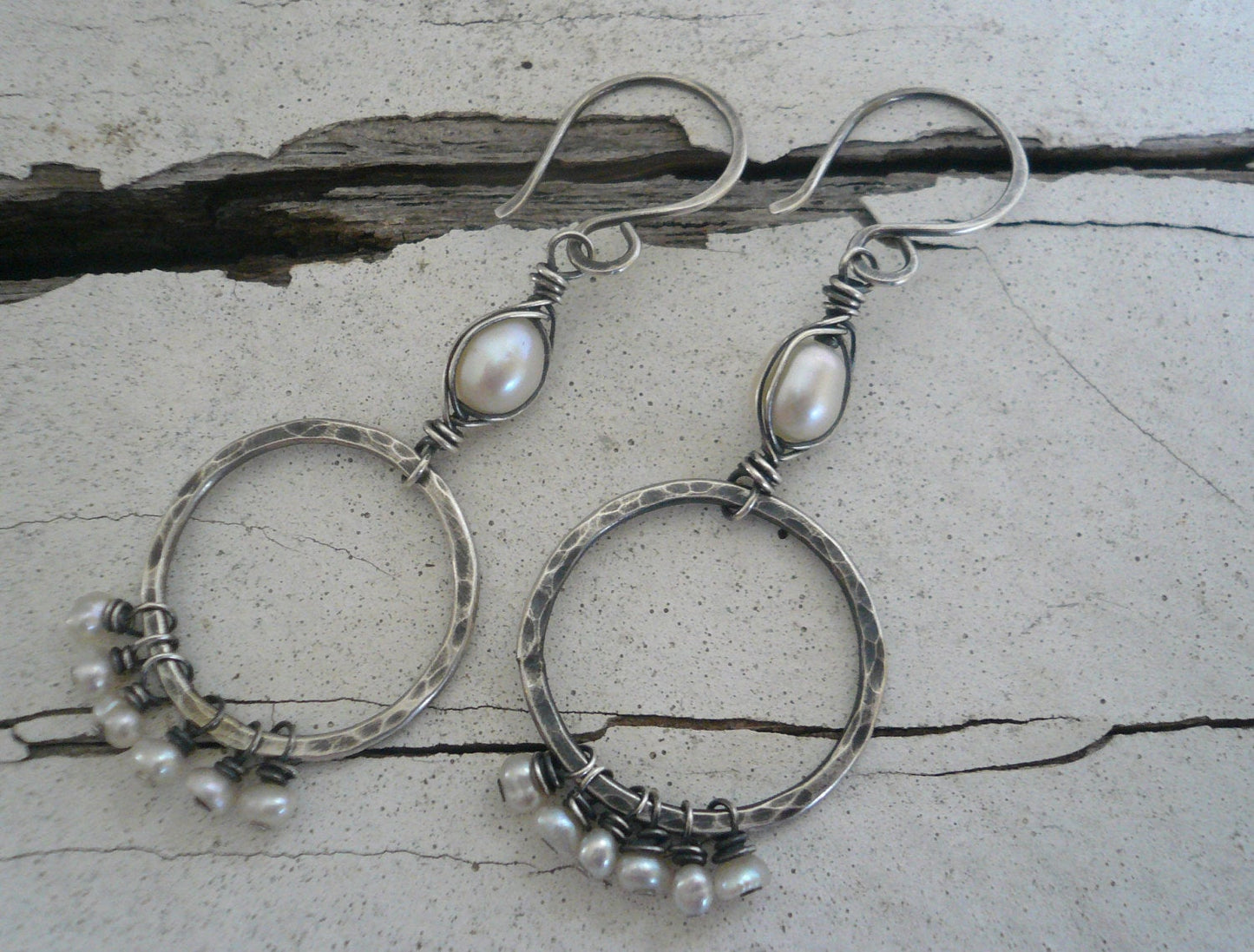 Mississippi Earrings - Freshwater pearls. Oxidized, hammered sterling silver. Handmade