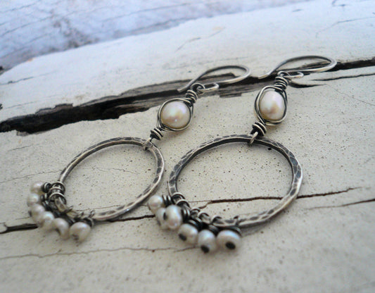 Mississippi Earrings - Freshwater pearls. Oxidized, hammered sterling silver. Handmade