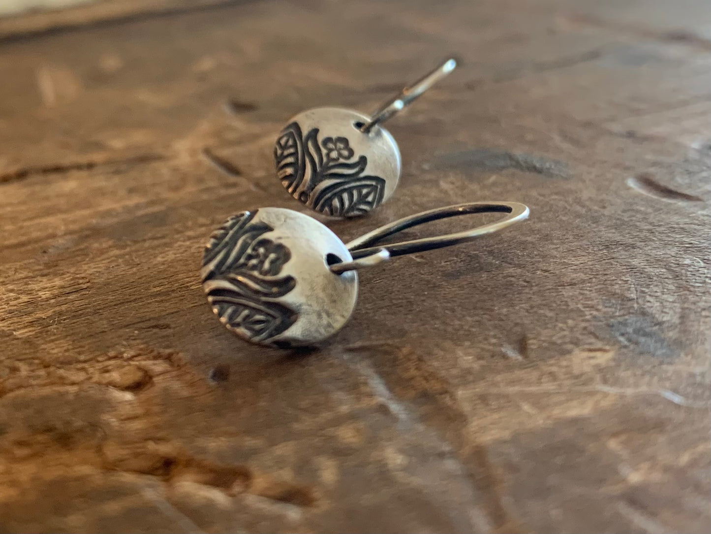 Florin Earrings - Handmade. Oxidized Fine & sterling silver dangle earrings.