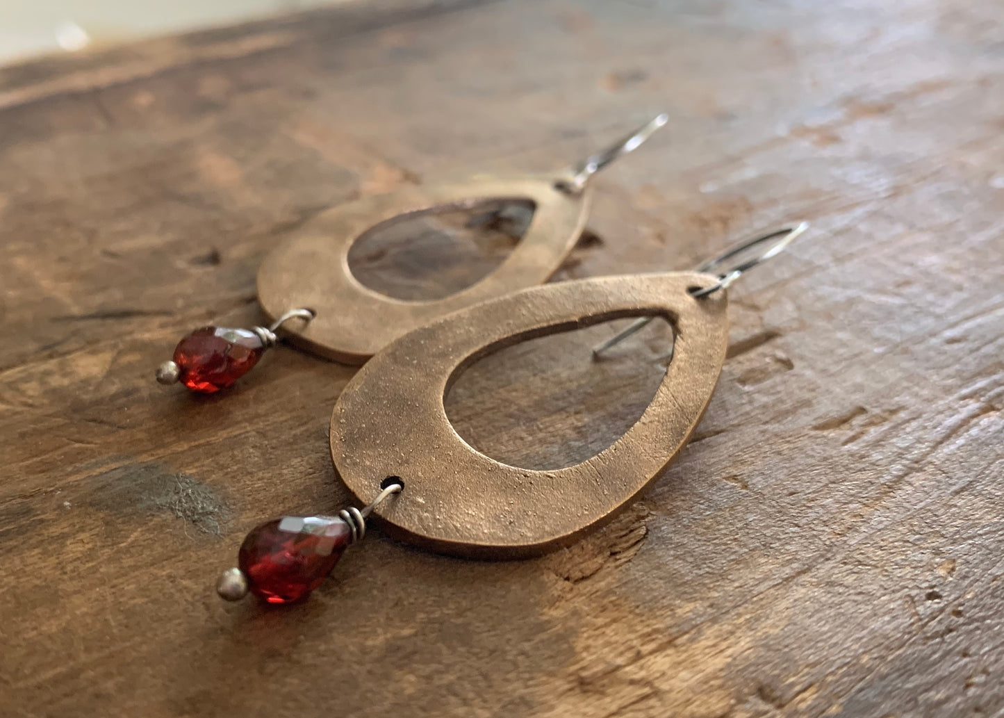 Sangria Earrings - Handmade. Mixed Metal. Garnet. Oxidized Silver & Bronze dangle earrings. January Birthstone