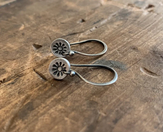 Lil' Sunshine Earrings - Handmade. Oxidized Fine Silver Dangle Earrings.