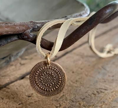 Mandala Necklace - Bronze & 14kt Goldfill. Leather. Handmade.