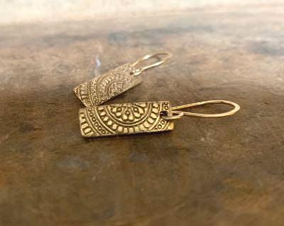 Mandala Tab Earrings - Handmade. Bronze and 14kt Goldfill dangle earrings.