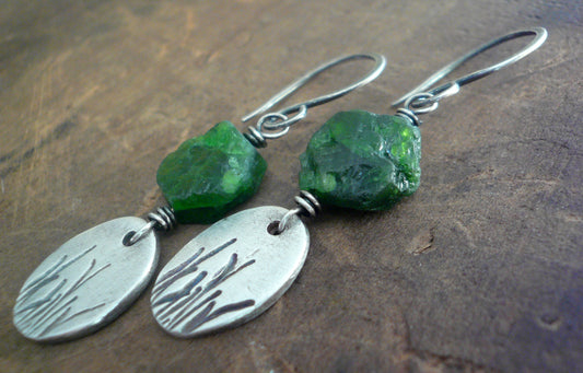 Meadow Earrings- Oxidized fine silver. Raw Chrome Diopside. Dangle earrings.Handmade