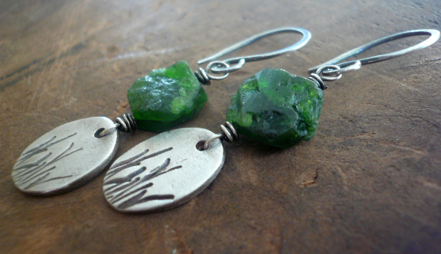 Meadow Earrings- Oxidized fine silver. Raw Chrome Diopside. Dangle earrings.Handmade