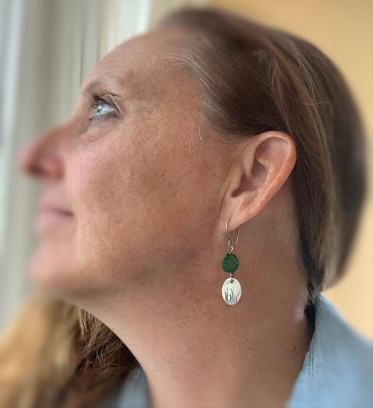 Meadow Earrings- Oxidized fine silver. Raw Chrome Diopside. Dangle earrings.Handmade