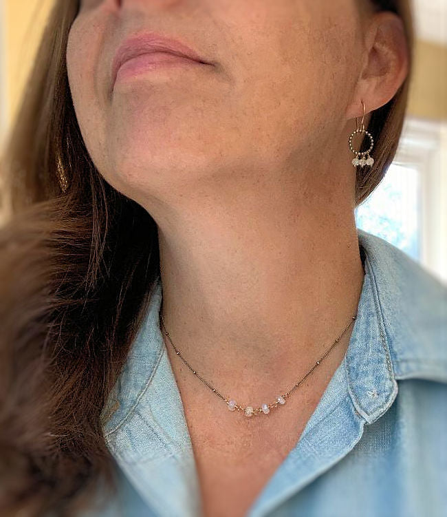 Miscible Collection Necklace - Handmade. Pink Opal. 18" Oxidized Sterling silver. 14kt Goldfill. Mixed Metal Necklace
