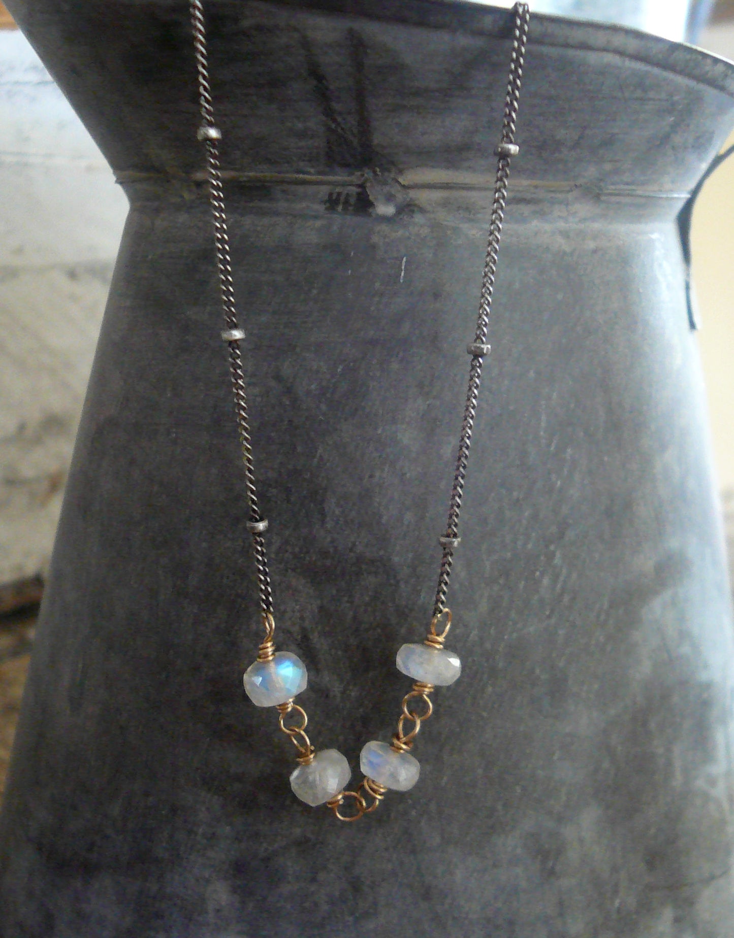 Miscible Collection Necklace - Handmade. Moonstone. Oxidized Sterling silver. 14kt Goldfill. Mixed Metal Necklace