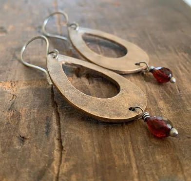 Sangria Earrings - Handmade. Mixed Metal. Garnet. Oxidized Silver & Bronze dangle earrings. January Birthstone