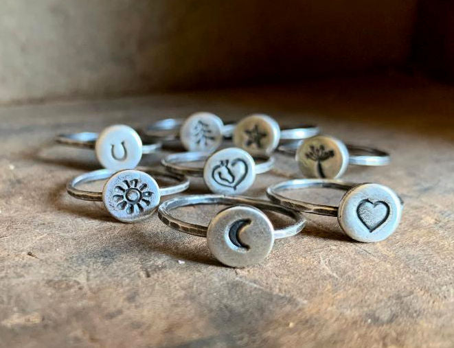 Wish Dandelion Stacking Ring - Sterling & Fine Silver Oxidized Hammered Ring. Hand made.