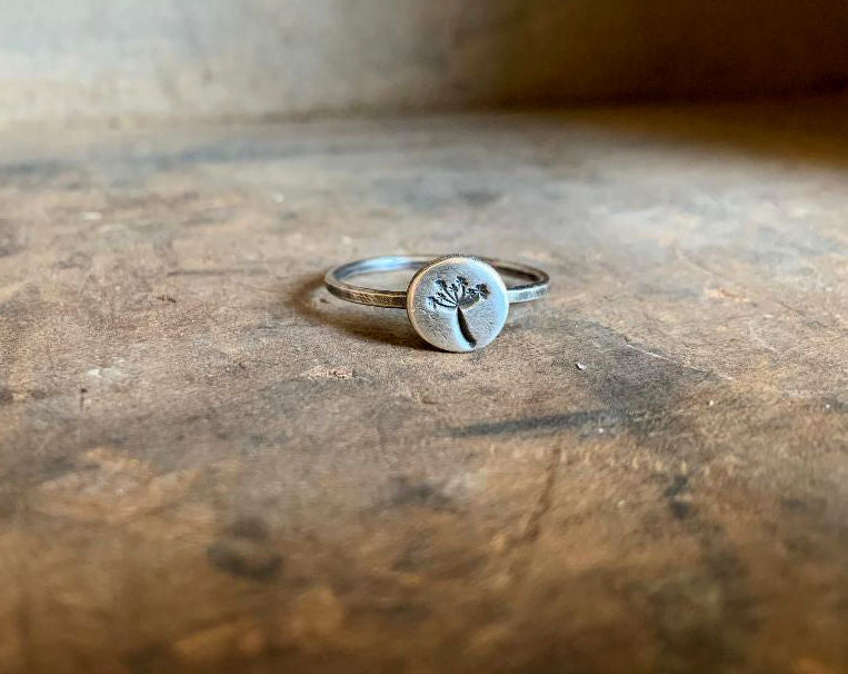 Wish Dandelion Stacking Ring - Sterling & Fine Silver Oxidized Hammered Ring. Hand made.