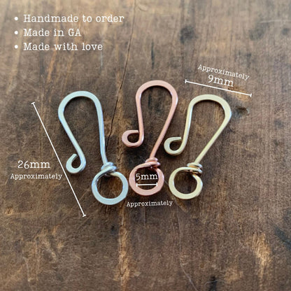 Handforged S Clasp- Handmade. ONE Hand forged Clasp. Choice of metal - sterling silver, copper or 14kt Goldfill