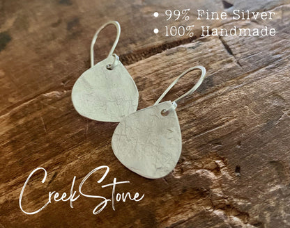 Creek Stone Earrings - Handmade. Brushed fine and sterling silver dangle earrings